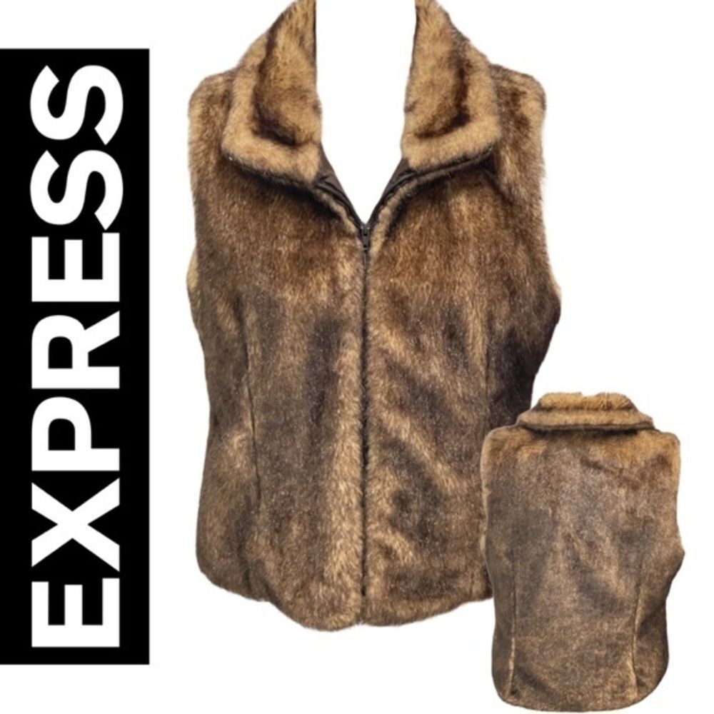 Express World Brand Faux Fur Zip Up Vest - Size L